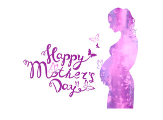 Best mom text. Silhouette of a pregnant woman in watercolor. Happy Mother's Day. Vector illustration