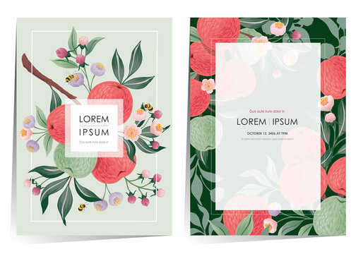  Vector illustration of a frame set with apple fruits and flowers. 	