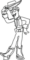Continuous one line drawing of stylish cowboy in stylish pose holding his hand, line art illustration vector silhouette of cowboy