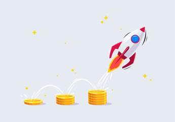 Vector illustration of the concept of currency growth, the rocket takes off, the rocket jumps on gold coins