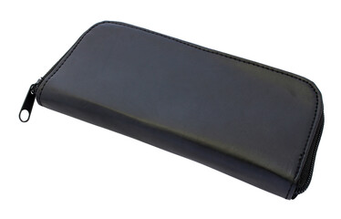 Black leather makeup bag isolated on white background