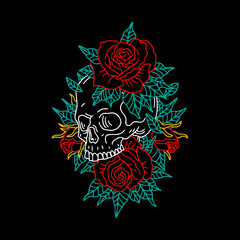 skull with flower outline illustration vintage