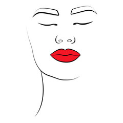 The beauty of a beautiful woman's face. A woman with red lips. The concept of beauty. A fashionable sketch highlighted on a white background.