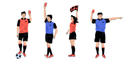 Set of isolated football, soccer arbitrator characters. Men and women in motion, showing different gestures.