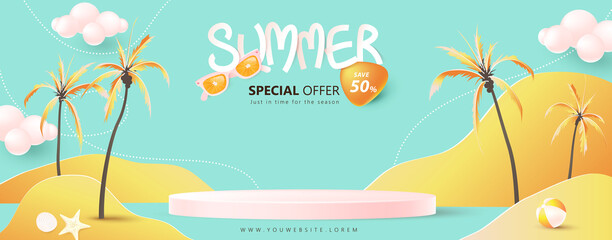 Fototapeta na wymiar Summer sale banner template for promotion with product display cylindrical shape and beach background