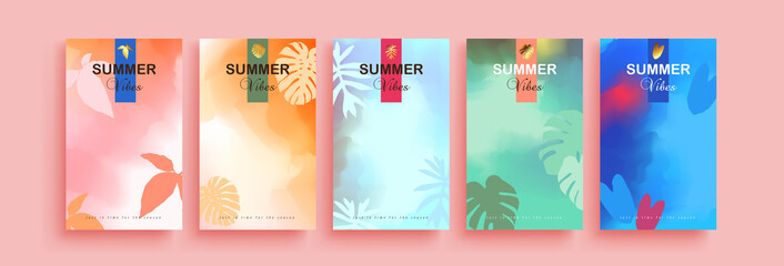 Set of abstract summer banner background designs with tropical leaf and watercolor art, packaging template