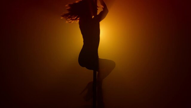 Silhouette woman pole dancing emotionally on nightclub. Lady spinning seductive 