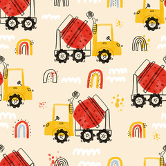 Watercolor hand-drawn seamless children simple pattern with cars and rainbows. Kids seamless pattern with building equipment. Funny construction transport. Kids texture for fabric. Scandinavian. Boho.
