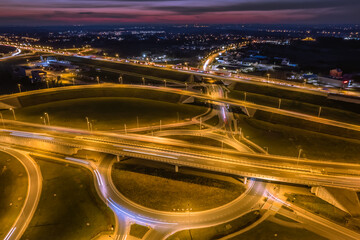 Fototapeta na wymiar Wroclaw, Poland city exit after sunset from drone perspective
