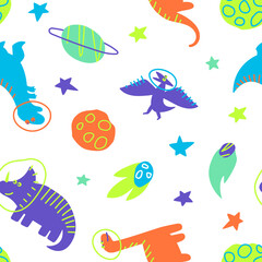 Seamless pattern of dinosaurs traveling in space on a white background. Dino travels through the galaxy with stars and planets. Design of children's goods. Flat vector illustration.