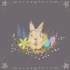 Composition Easter Bunny, bouquet, colored eggs, willow, flowers. On a gray lilac background. Drawing with crayons or a brush children's gentle pastel color. Classic postcard, banner, congratulations.
