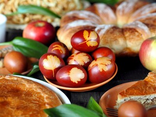 Easter food with eggs and homemade cakes on a wooden table.