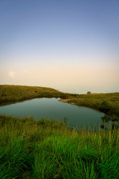 heart shape lake in wayanad chembra peak kerala,Amazing mountain landscape , Beautiful travel and tourism nature image 