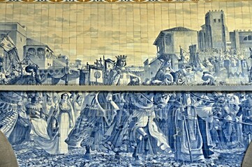 Traditional tile works in the Sao Bento railway station in Porto - Portugal 
