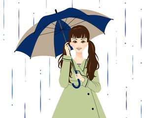 雨の中で傘をさして立っている若い女性 (上半身)