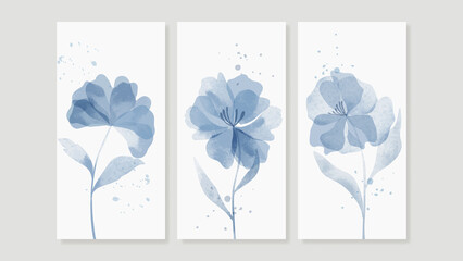 Vintage style flower wall art template. Collection of hand drawn leaves with watercolor texture, flower garden, blue floral. Botanical poster set for wall decoration, interior, wallpaper, banner.