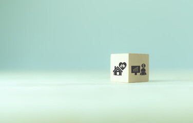 Work life balance concept. Work and home concept. Comparison work, finance and family. Wooden cubes with life balance icon on grey background. Life balancing banner. Work life harmony.