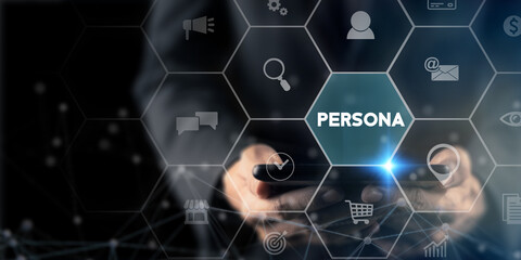 Buyer or customer persona concept. Psychology profile or characteristics. Personalized marketing. Data analytics for plan. Touching on persona text surrounded with persona icon on smart background.