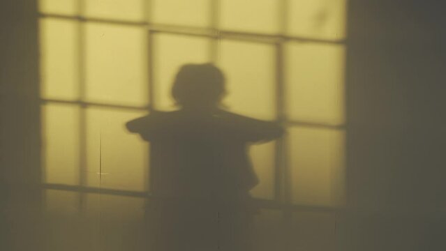 Shadow Of Women Silhouette Meditating On Wall Inside House During Sunny Day,close Up Zoom