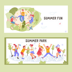 Summer park and kids camp activity advertising banners or flyers set. Kids summer fun and attractions promo posters, cartoon flat vector illustration.