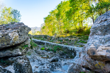 Path near the river Sella in the town of Cangas de Onis. Asturias. Spain