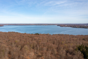 Farum, Denmark - April 20, 2022: Aerial drone view of Furso Lake in northeastern Zealand.