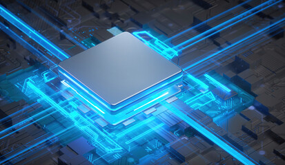 3D rendering of cyberpunk AI. Circuit board. Technology background. Central Computer Processors CPU and GPU concept. Motherboard digital chip. Tech science background.