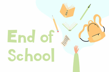 Education concept. End of school. A schoolboy throws school objects into the air. Flat style. Vector illustration.