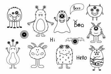 Set of monsters and aliens. Cute hand drawn monsters in scandinavian style. Doodle aliens. Vector illustration.