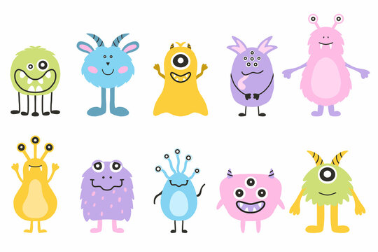 Set of monsters and aliens. Cute hand drawn monsters in scandinavian style. Doodle aliens. Vector illustration.