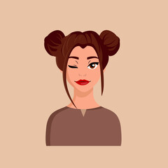 Cartoon Portrait of a Young Woman with Hair Buns. Fancy Lady. Vector Illustration
