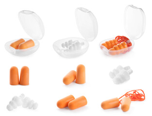 Set with different ear plugs on white background