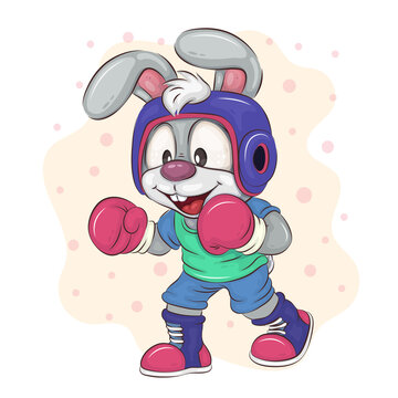 Cartoon Bunny Boxer. Cute cartoon Bunny wearing boxing gloves and a helmet. Positive and unique design. Children's illustration.