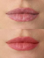 Collage with photos of young woman before and after permanent lip makeup, closeup