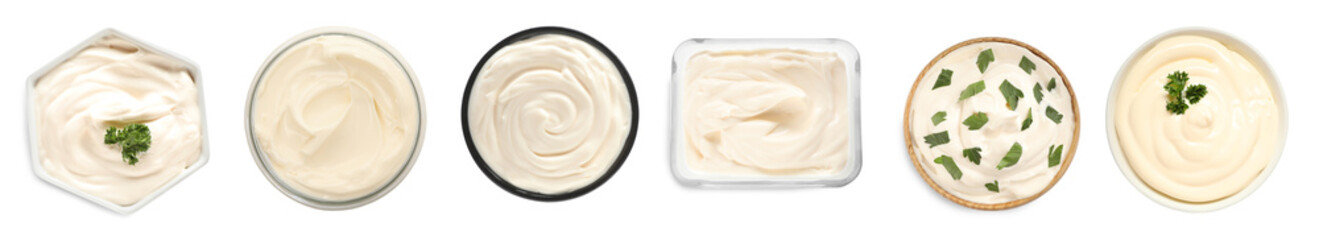 Set with tasty mayonnaise on white background, top view. Banner design