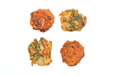 Pajeon or Korean pancake and Korean Kimchi pancake or Kimchijeon on white background