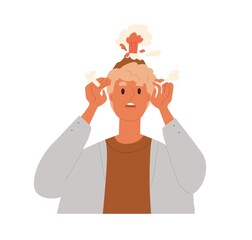 Person with head explosion and steam, overloaded with information, tired of problems. Mind pressure, headache, troubles concept. Overworked man. Flat vector illustration isolated on white background