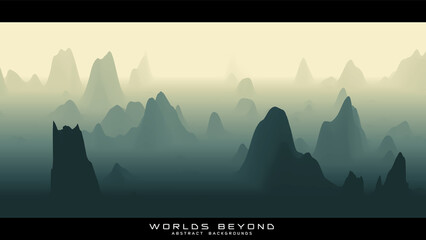 Abstract green landscape with misty fog till horizon over mountain slopes. Gradient eroded terrain surface. Worlds beyond.
