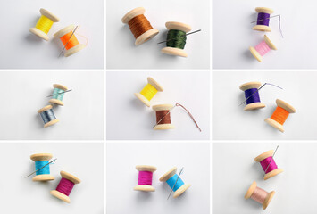 Many spools of multicolor on white background, collage