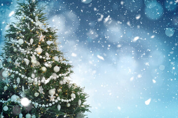 Beautifully decorated Christmas tree on light blue background, space for text. Bokeh effect