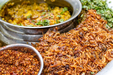 Spicy and crispy indian street foods close up