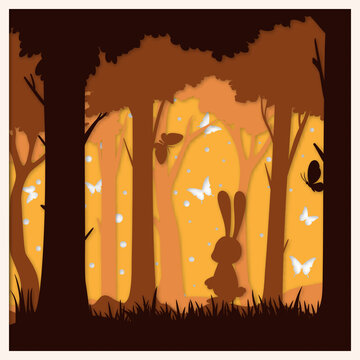 Layered paper cut design with rebbit and butterflies. Forest paper cut. Shadow box design. Paper art 