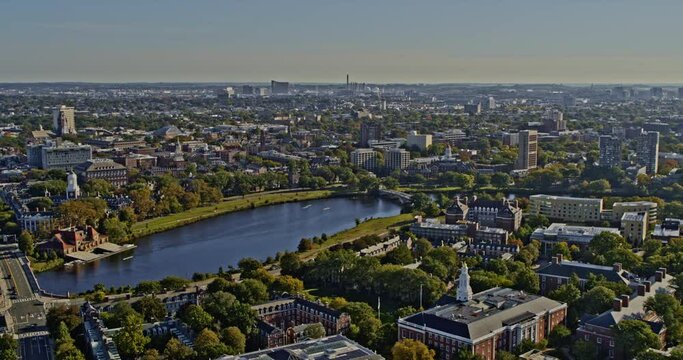 Boston Massachusetts Aerial v271 pan shot capturing beautiful landscape of harvard campus across charles river and historic cambridge cityscape - Shot with Inspire 2, X7 camera - October 2021