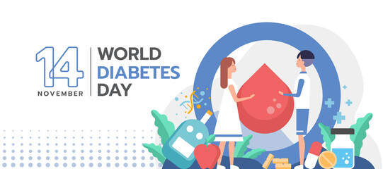 world diabetes day - Men and women help each other to lift a drop of blood in a blue circle and drugs related to diabetes around vector design