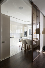 modern kitchen interior with kitchen accessories, bright glossy kitchen