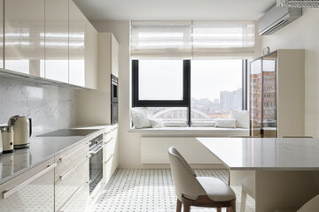 modern kitchen interior with kitchen accessories, bright glossy kitchen