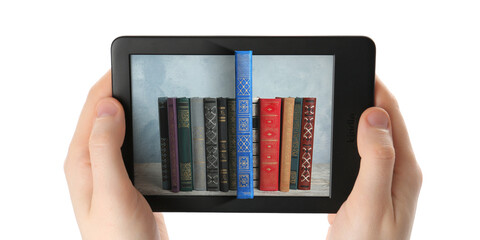 Woman using e-book reader on white background, closeup
