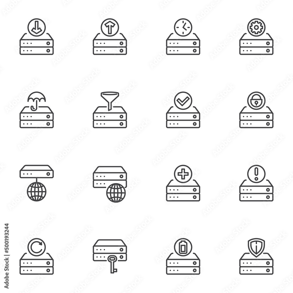 Poster database system line icons set