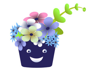 Bouquet of flower and heart shape leaves branch. Flower arrangement with branch Different flowers in pot. Card or postcard template  Vector kawaii illustration Isolated on white background