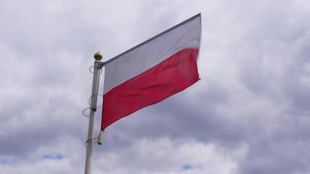 Polish banner wave on the background of cloudy, dramatic sky. Picture taken in the day, sky full of clouds.